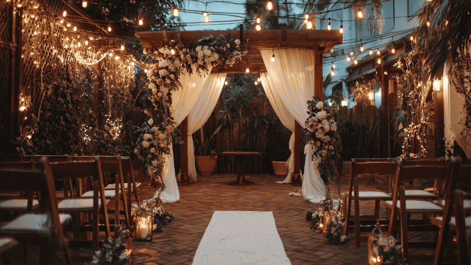 Cozy outdoor small wedding setup with floral arch, aisle, chairs, and string lights.