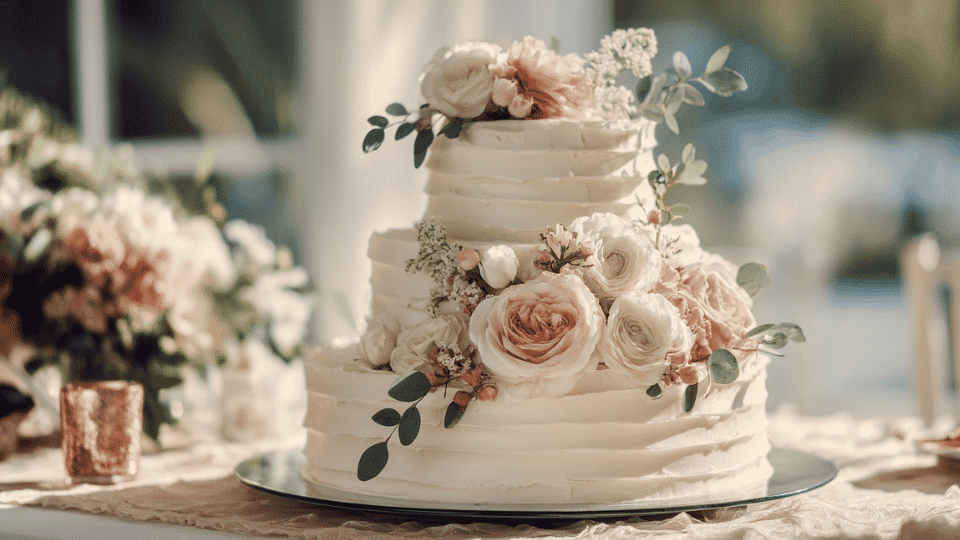 Three-tiered wedding cake with white fondant and fresh flowers, placed on a decorated table.
