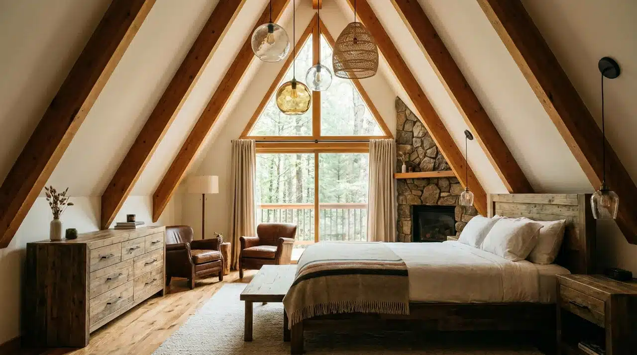 A-frame farmhouse bedroom with exposed wood beams, vaulted ceiling, stone fireplace, rustic furniture, and large windows.