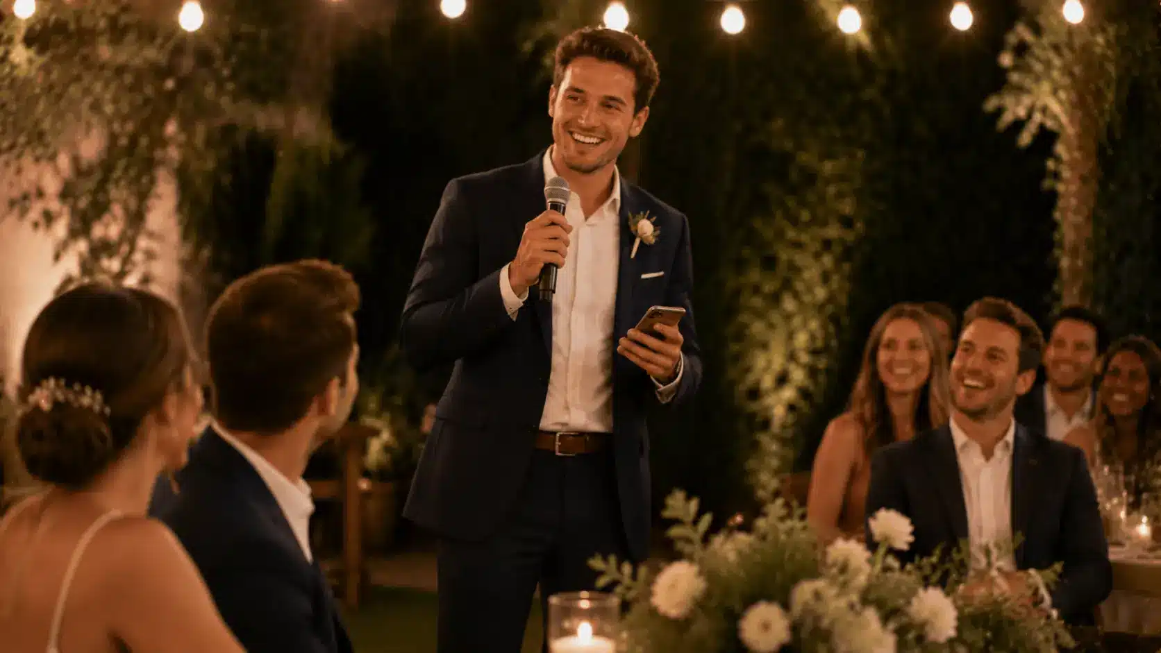 A wedding guest shares a story into a microphone as friends and family listen nearby.