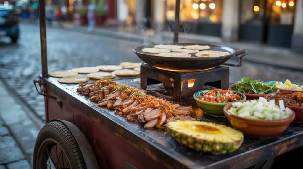 Mexican street food cart with grilled meat, warm tortillas, salsa, cilantro, onions, and fresh pineapple.