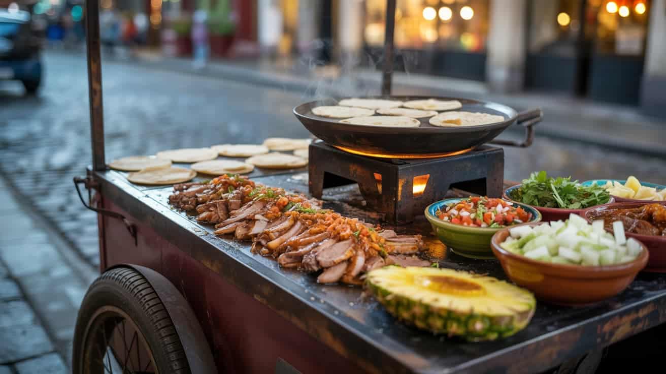 Mexican street food cart with grilled meat, warm tortillas, salsa, cilantro, onions, and fresh pineapple.