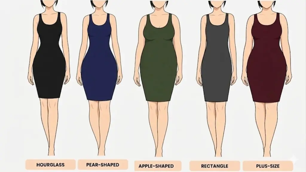 Illustrations of bodycon dresses on hourglass, pear-shaped, apple-shaped, rectangle, and plus-size figures.