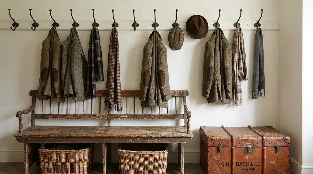 Farmhouse mudroom with antique coat hooks, vintage wooden bench, woven baskets, hanging scarves, and rustic storage trunk.
