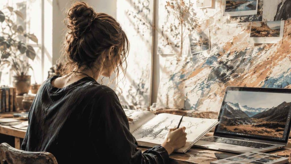 Woman sketching in a notebook beside a laptop displaying a mountain landscape in a sunlit art studio.