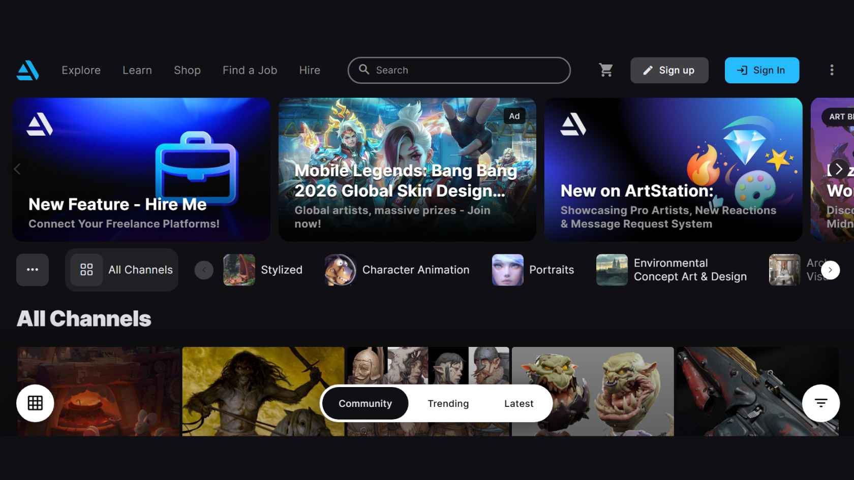 ArtStation website showcasing digital artwork, concept art, illustrations, and creative portfolios.