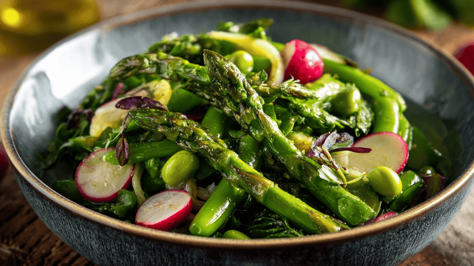 Asparagus pea salad with radishes and lemon dressing