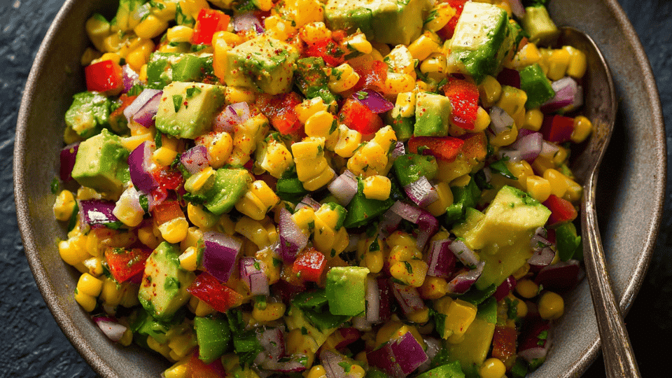 Avocado corn salad with bell peppers, red onion, and lime seasoning
