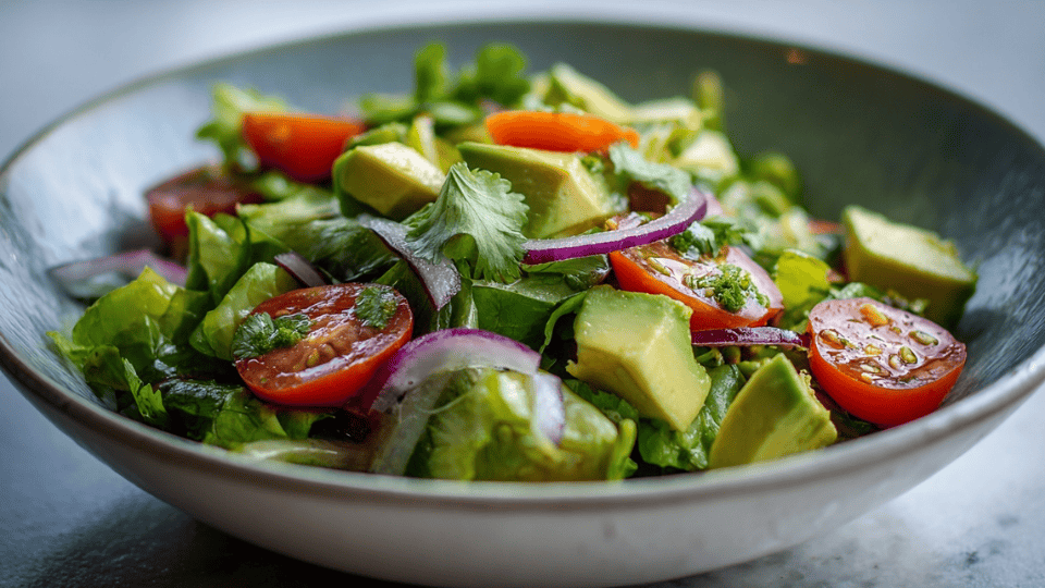Avocado lime salad with mixed greens, tomatoes, onion, and cilantro in a bowl