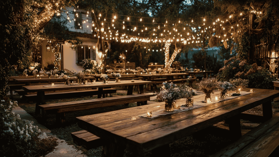 Backyard wedding setup with tables, string lights, and garden greenery