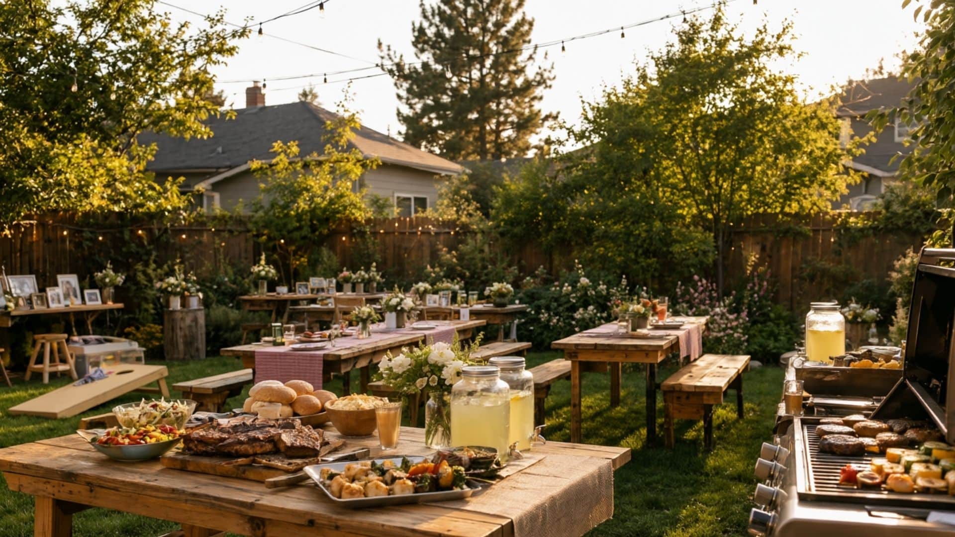 Backyard engagement BBQ with picnic tables, grilled food, string lights, and casual outdoor decor.