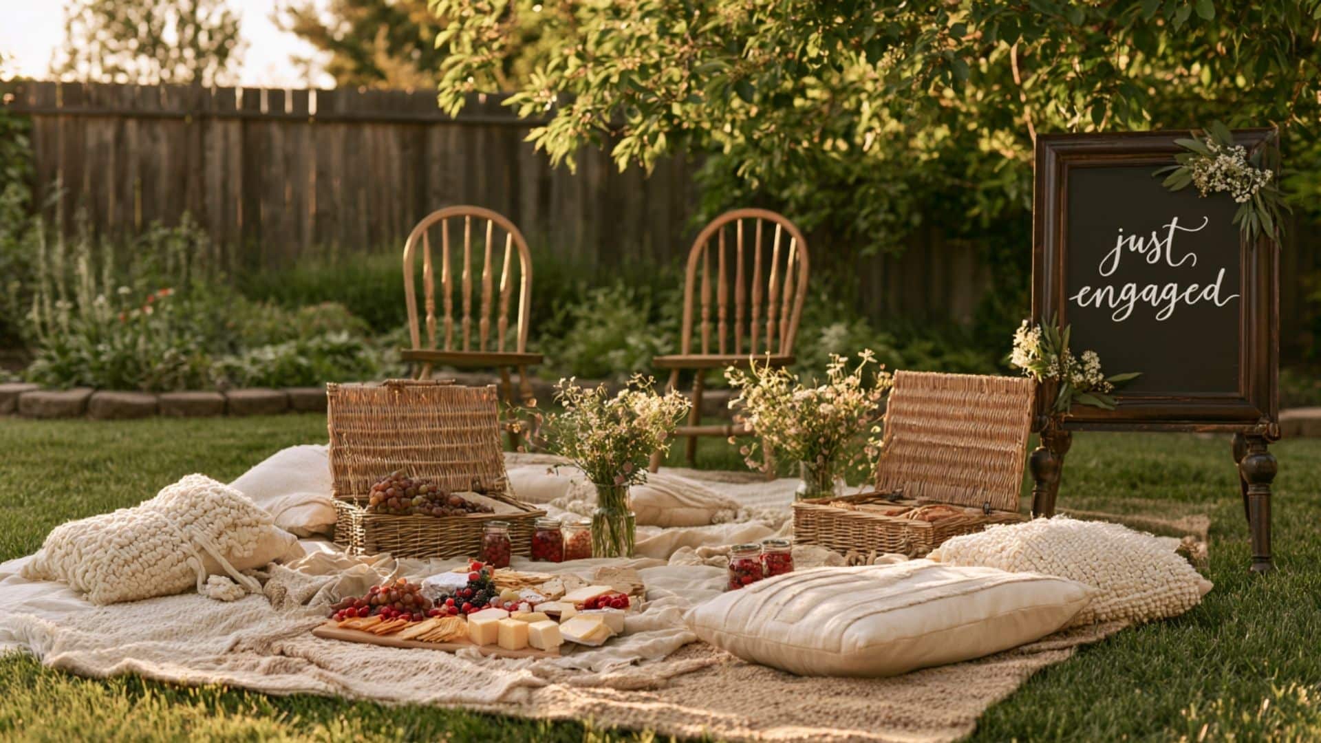 Backyard engagement picnic with neutral rugs, cushions, picnic baskets, flowers, and fresh food on the lawn.