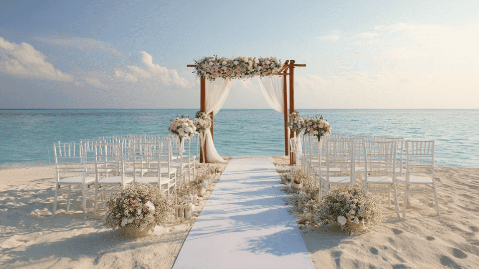 Beach wedding setup with wooden arch, flowers, sand, and water backdrop