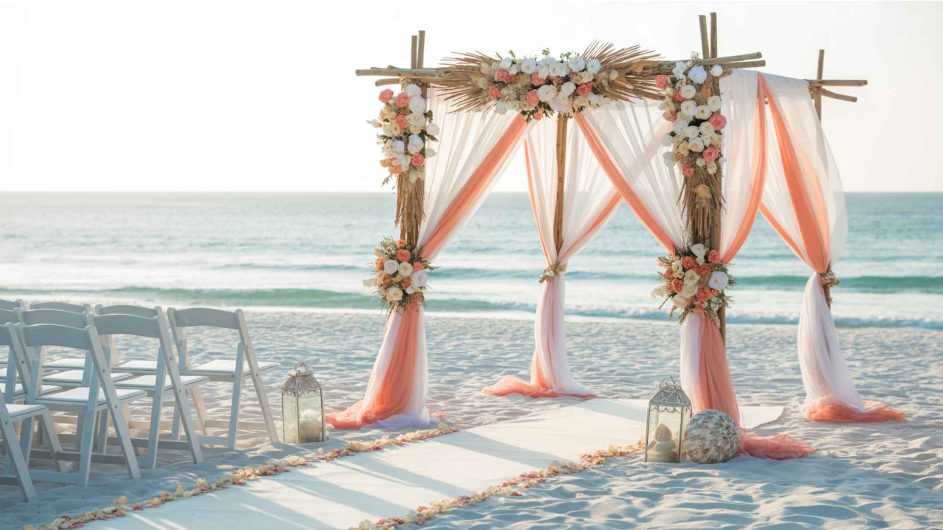 Sandy beach ceremony with ocean backdrop, driftwood accents, and flowing fabrics.