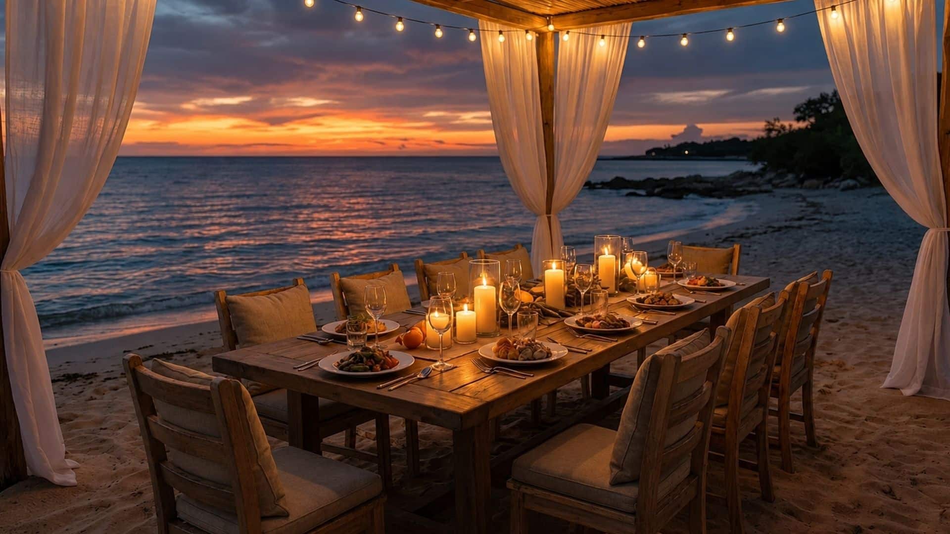 Beach engagement dinner with a wooden table, candles, warm string lights, and an ocean sunset backdrop.