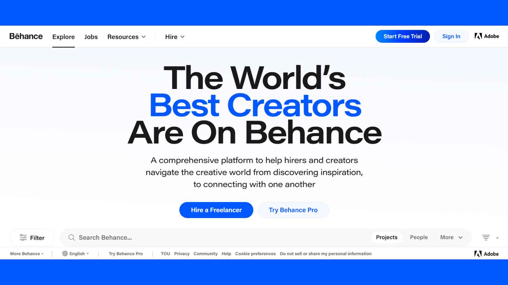 Behance website showcasing professional creative portfolios, artwork, and design projects from artists.