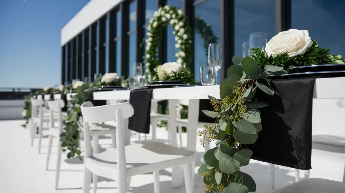Chic summer wedding styled in black and white with fresh greenery and bright botanical touches.