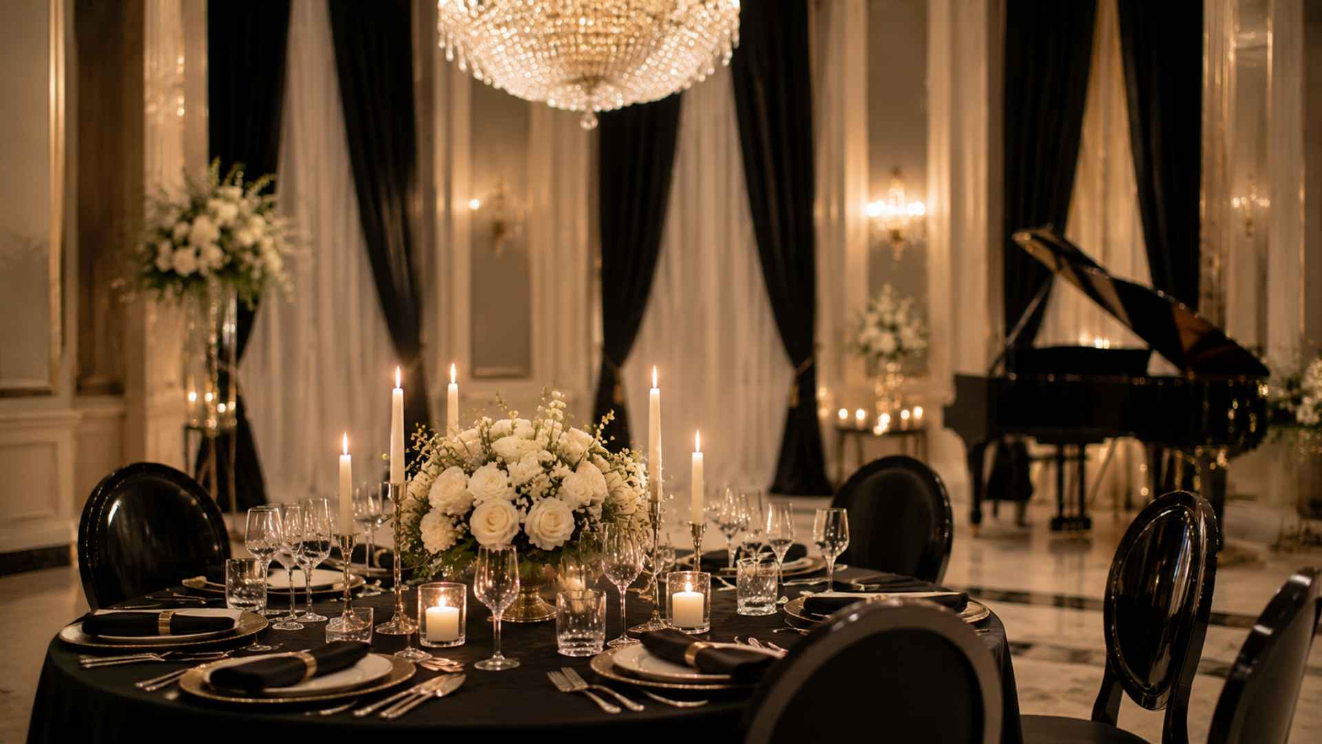 Elegant black tie wedding reception in a ballroom with chandeliers, white florals, and candlelight.