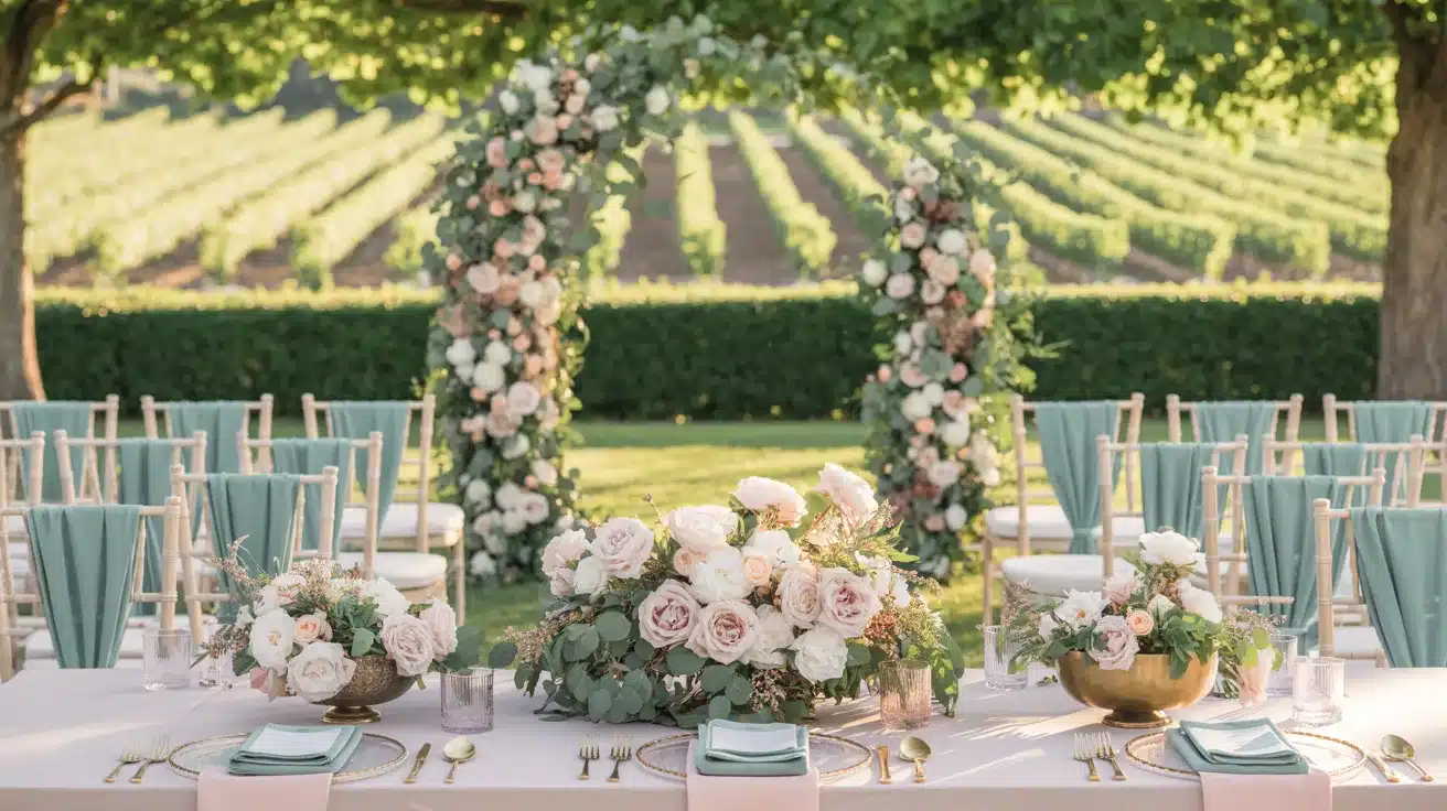 Summer garden wedding styled with soft blush flowers, sage greenery, and delicate romantic details.