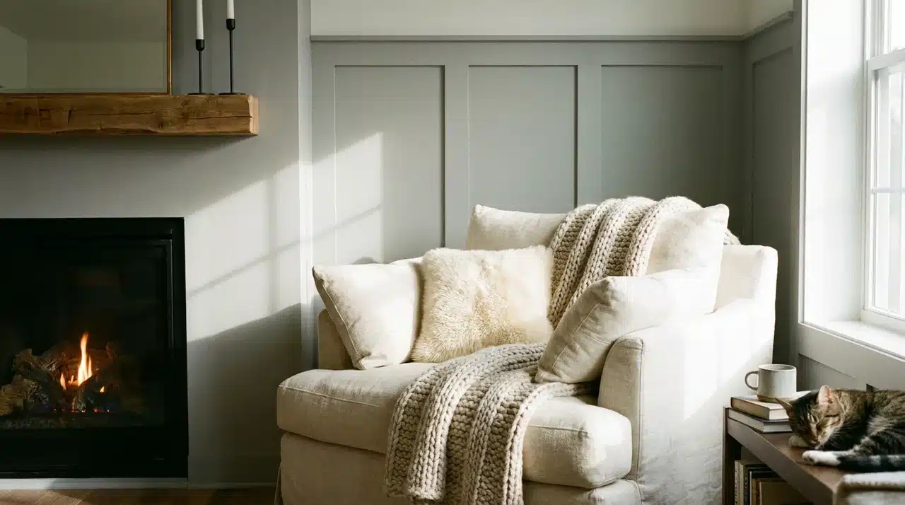 Cozy farmhouse reading nook with board and batten wall panels, upholstered chair, fireplace, knit throws, and soft natural light.