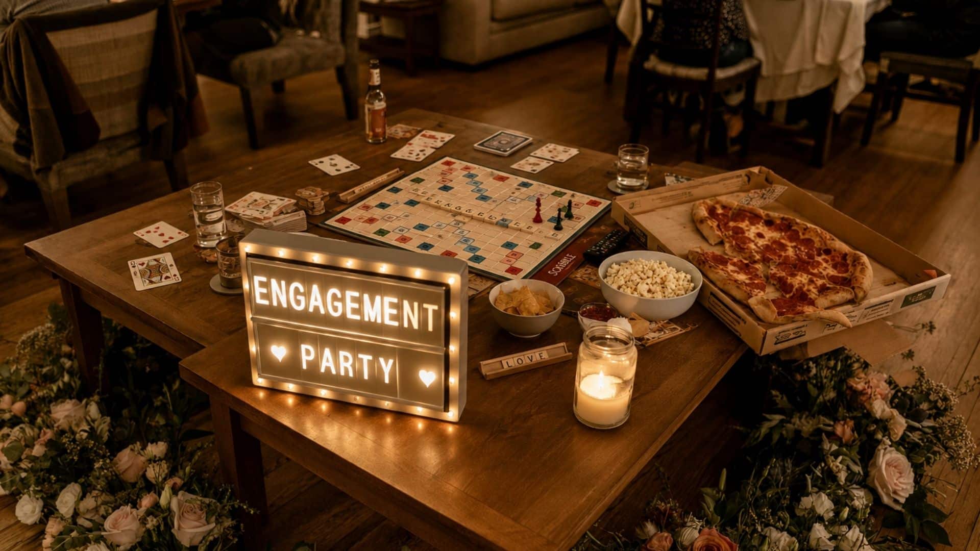 Engagement game night with board games, playing cards, pizza, snacks, drinks, and a glowing party sign.