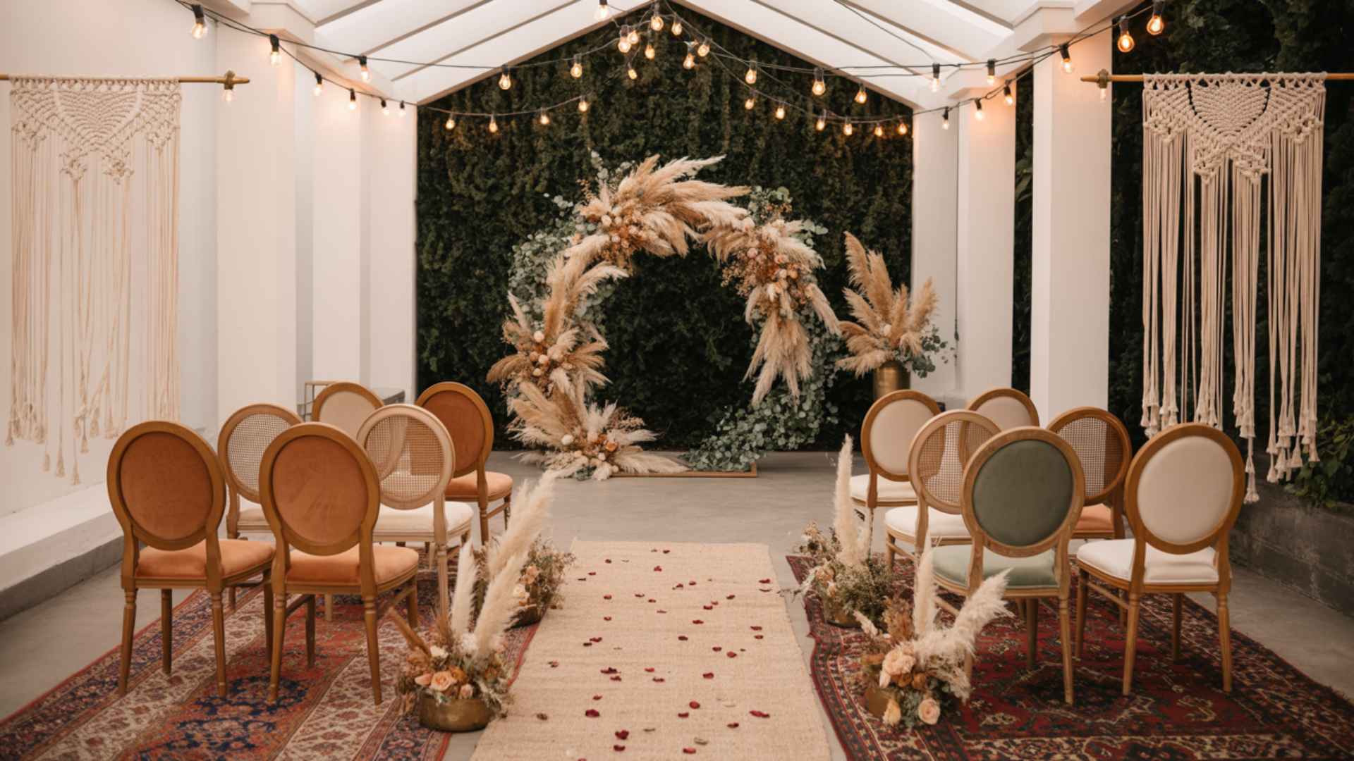 Boho wedding with macramé, pampas, layered rugs, dried florals, vintage furniture.