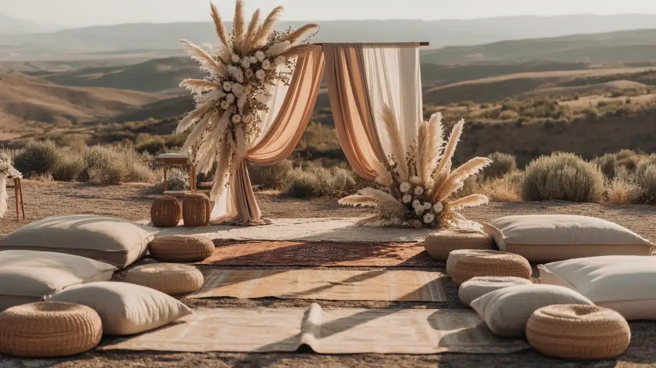 Boho wedding decor featuring layered beige, tan, and white tones with warm natural textures.