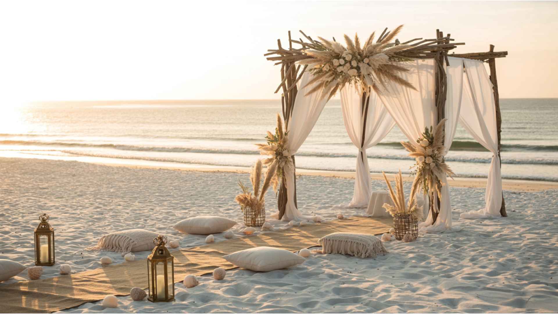 Beach boho wedding with driftwood arch, macramé, linen drapes, shells, barefoot guests.