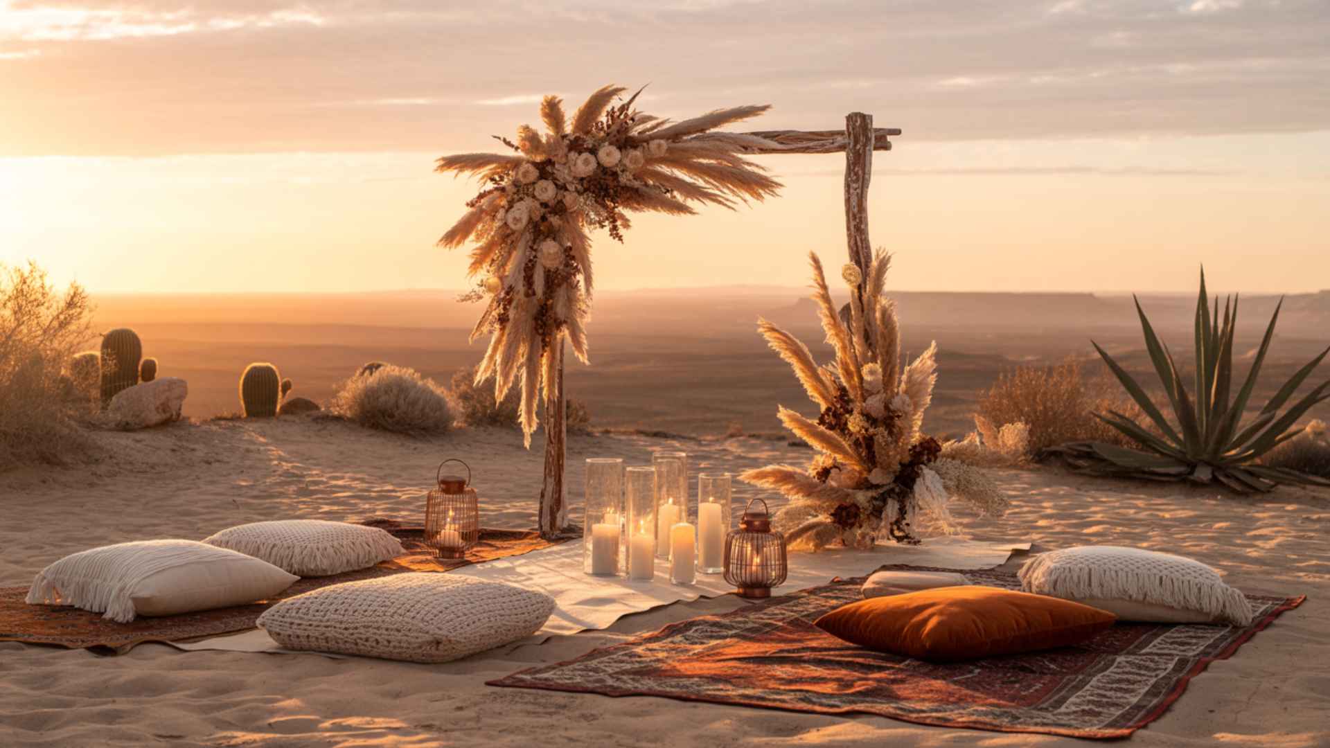 Desert boho wedding with terracotta tones, cacti, woven textiles, wood accents, sunset.