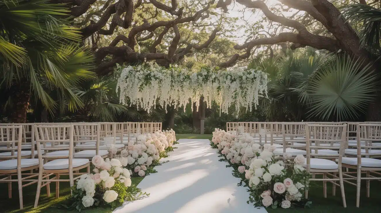 Lush botanical garden filled with colorful flowers and greenery for an outdoor wedding.