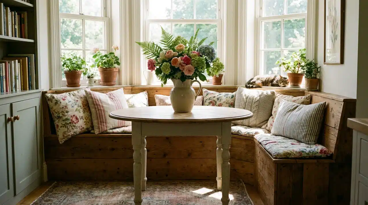 Farmhouse breakfast nook with built-in wooden banquette seating, floral cushions, round table, fresh flowers, and sunny windows.