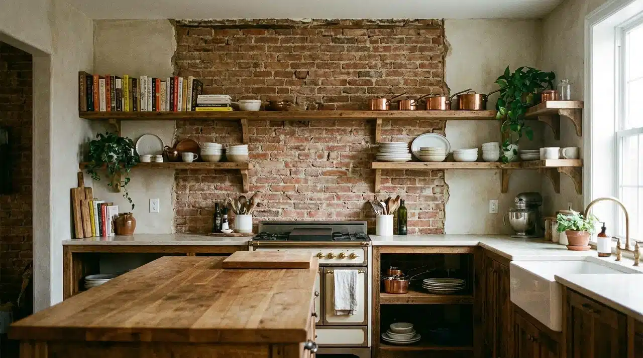 Farmhouse kitchen with exposed brick accent wall, open wood shelving, rustic cabinetry, butcher block island, and natural light.