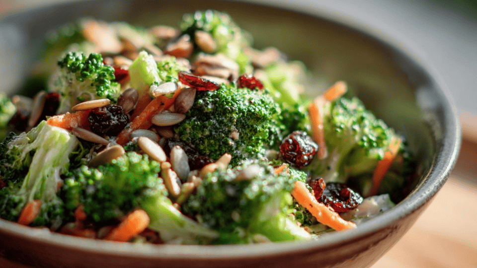 Broccoli salad with carrots, sunflower seeds, cranberries, and creamy dressing