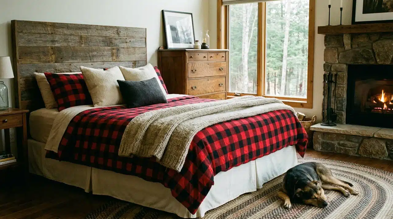 Farmhouse bedroom with buffalo check bedding, rustic wood headboard, stone fireplace, cozy throw blanket, and forest views