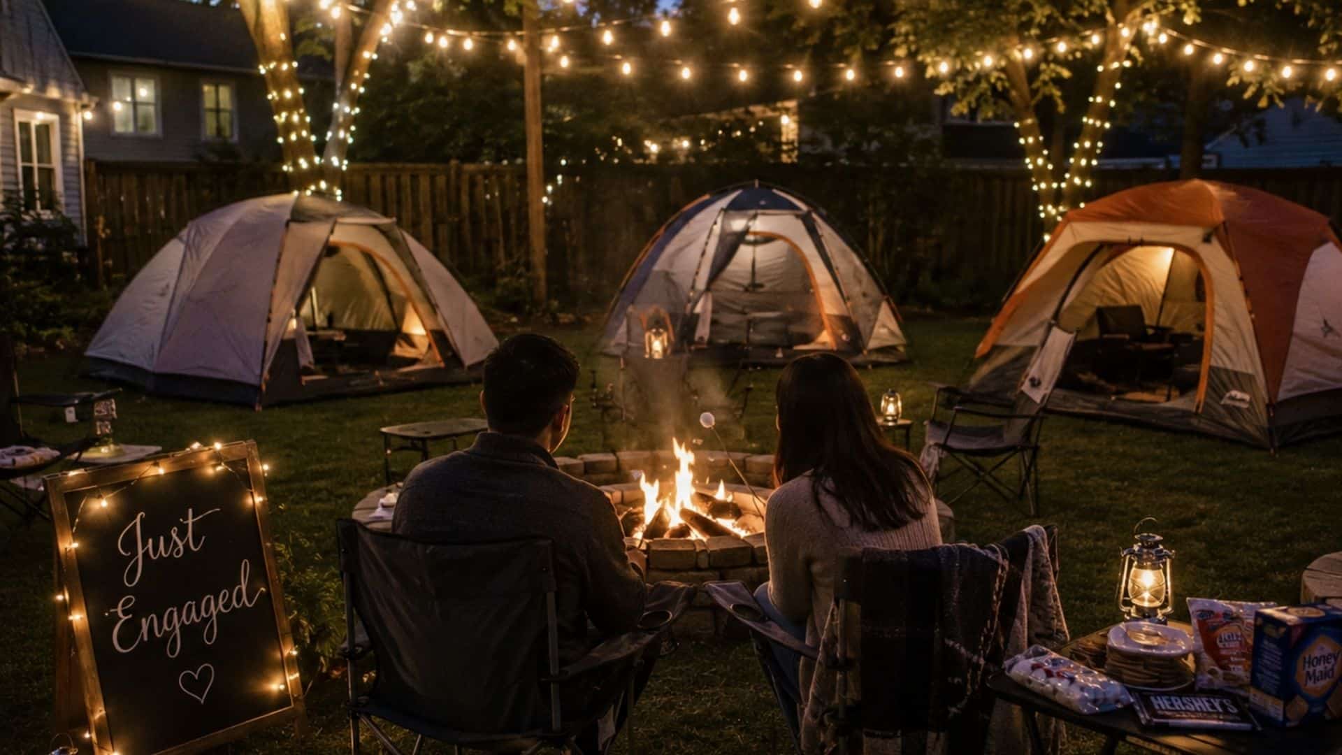 Backyard camping engagement party with tents, firepit, marshmallows, string lights, and a Just Engaged sign.