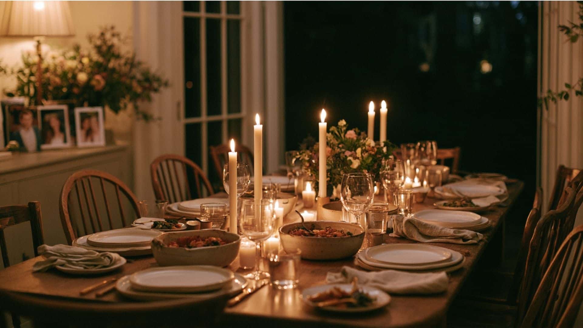 Intimate engagement dinner at home with candles, family-style food, flowers, photographs, and warm lighting.