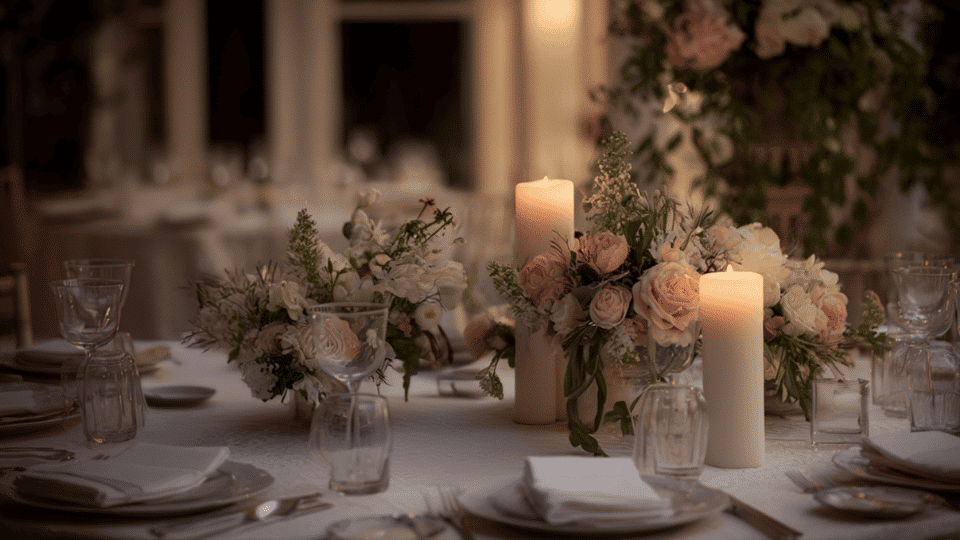 Candlelit wedding table with flowers, linens, and tableware