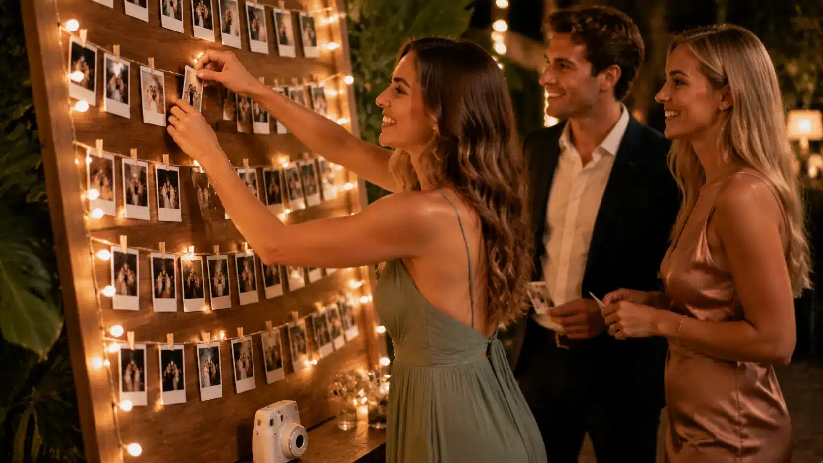 Instant photos and handwritten notes cover a growing Polaroid guest wall at the reception.