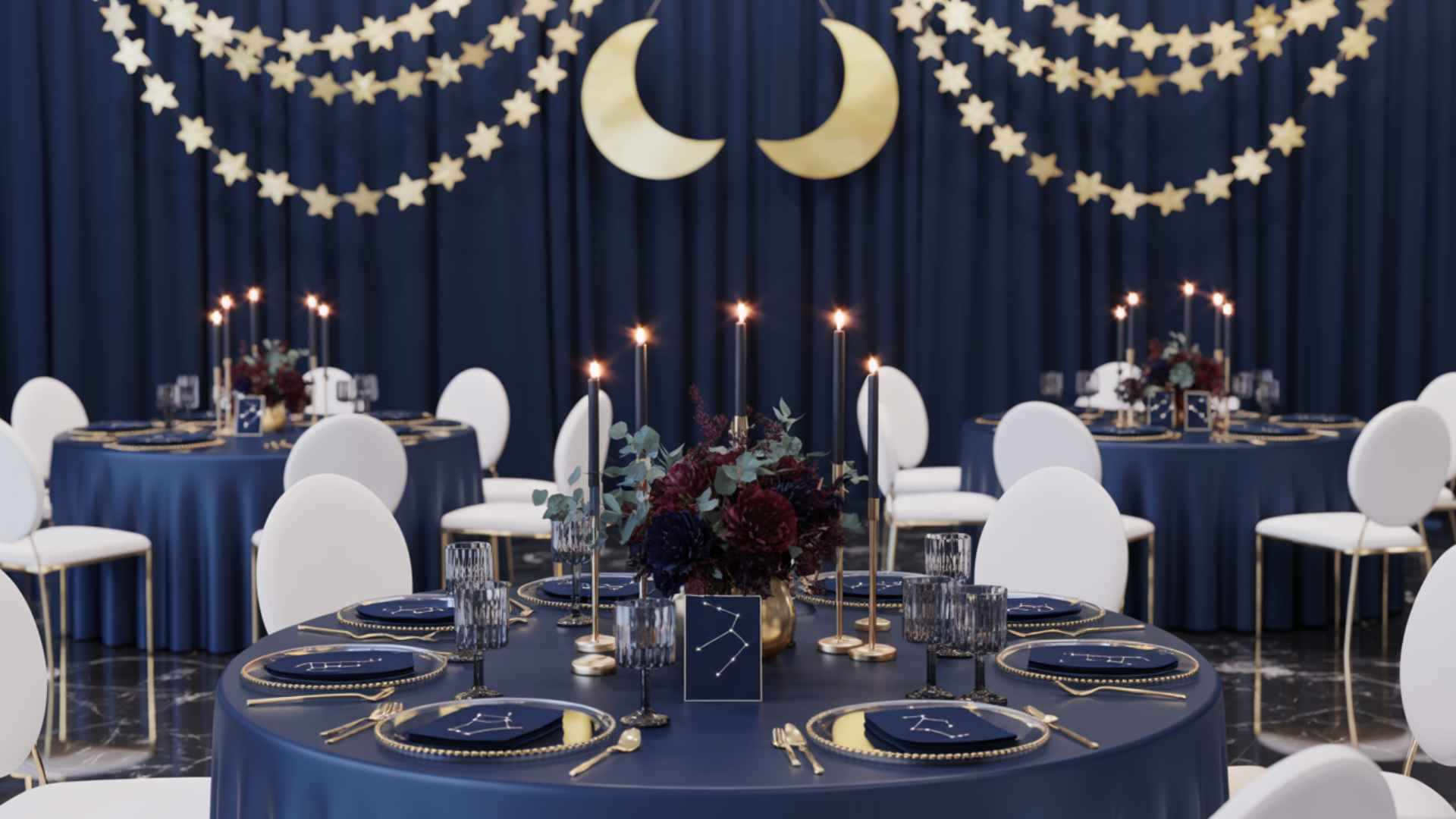 Cosmic wedding with deep blue backdrops, gold stars, moons, candlelit florals.