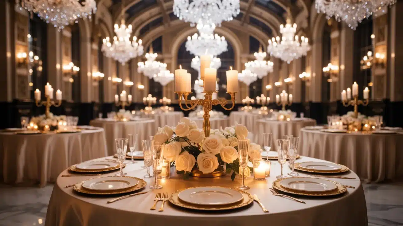 Glamorous wedding reception featuring champagne tones, gold accents, candlelight, and luxurious decorative details.