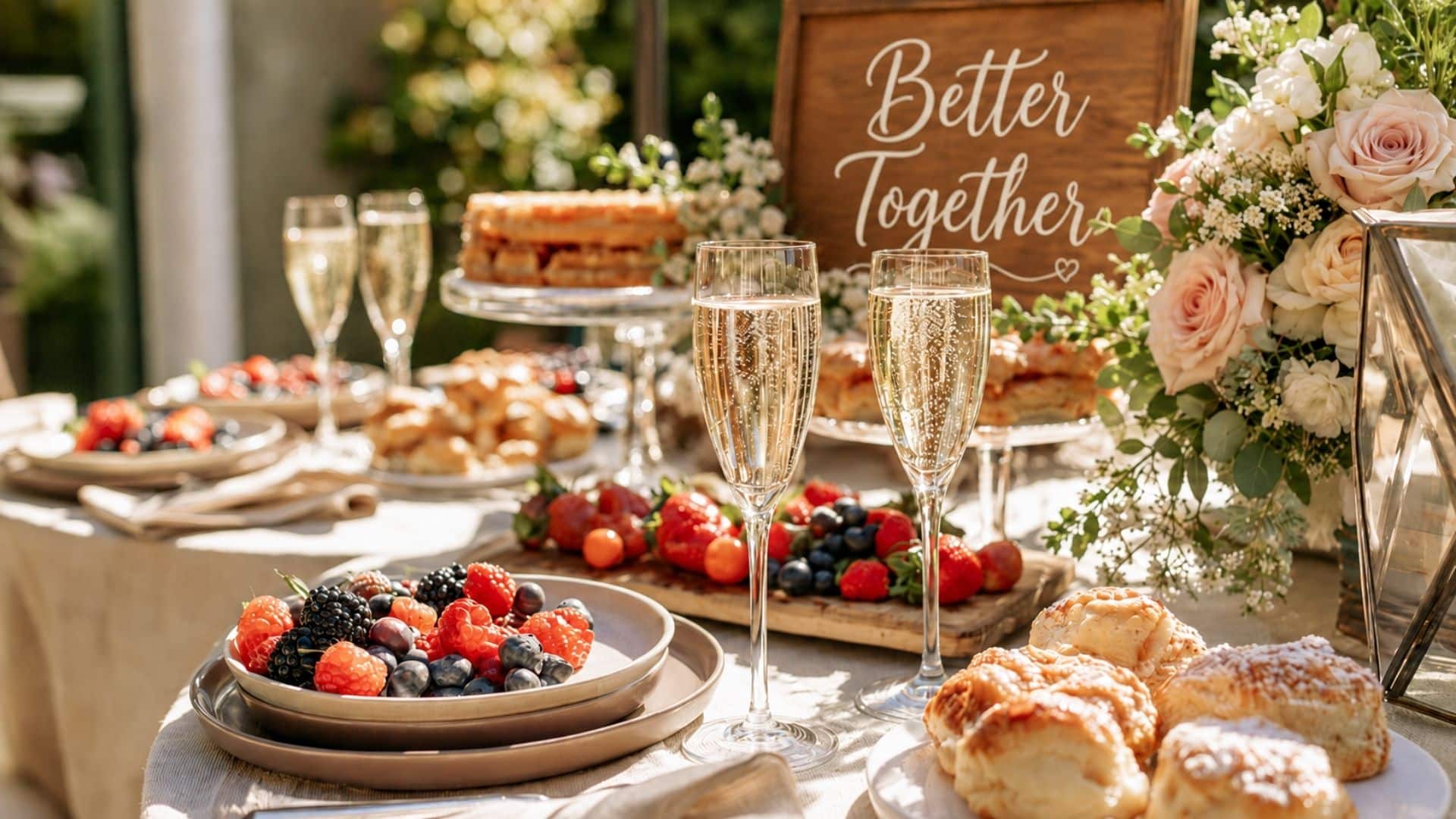 Elegant engagement brunch setup with pastries, fresh fruit, pastel flowers, and sparkling drinks.