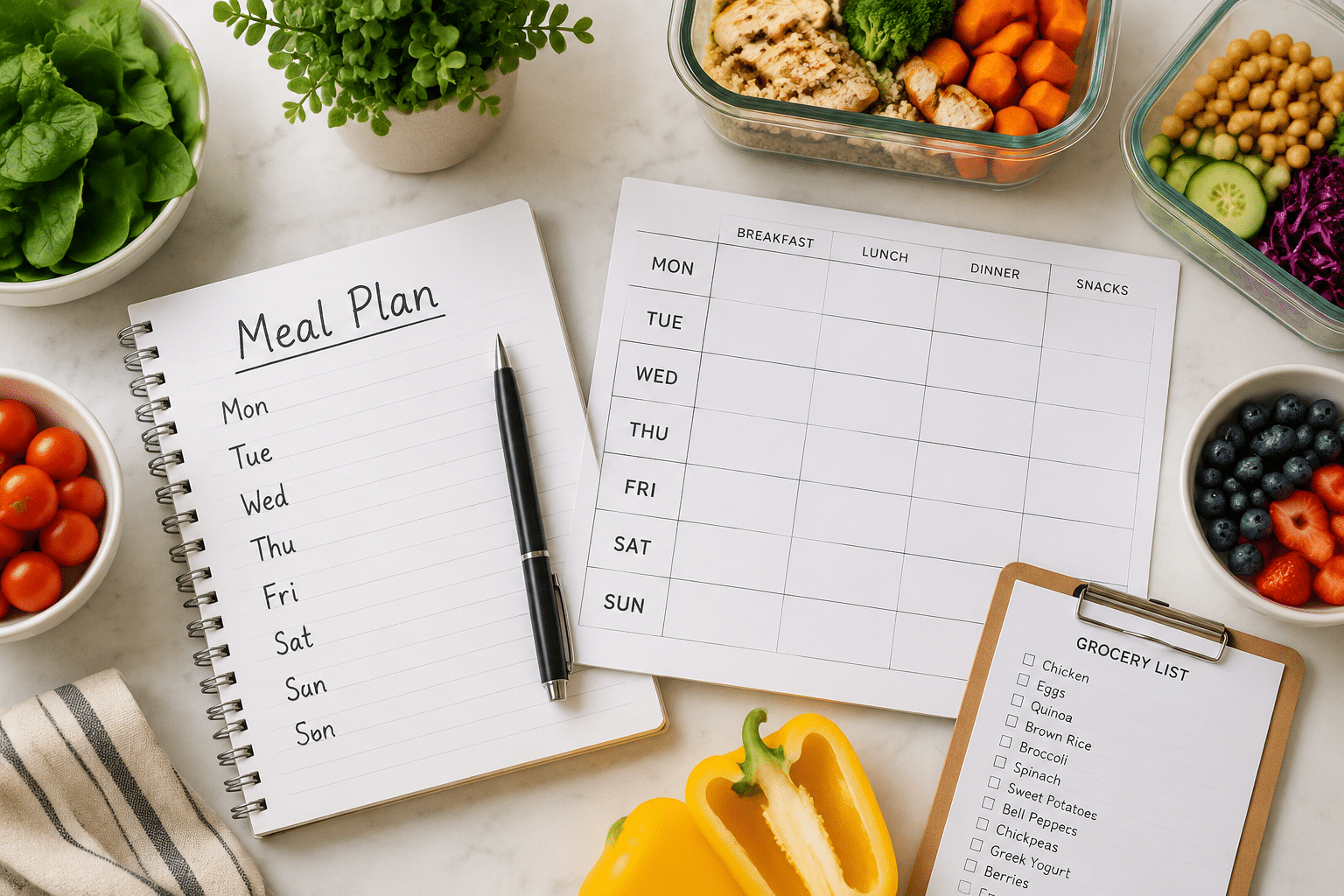 Weekly meal planning setup with a notebook, blank meal schedule, grocery list, fresh produce, berries, and prepared meals.