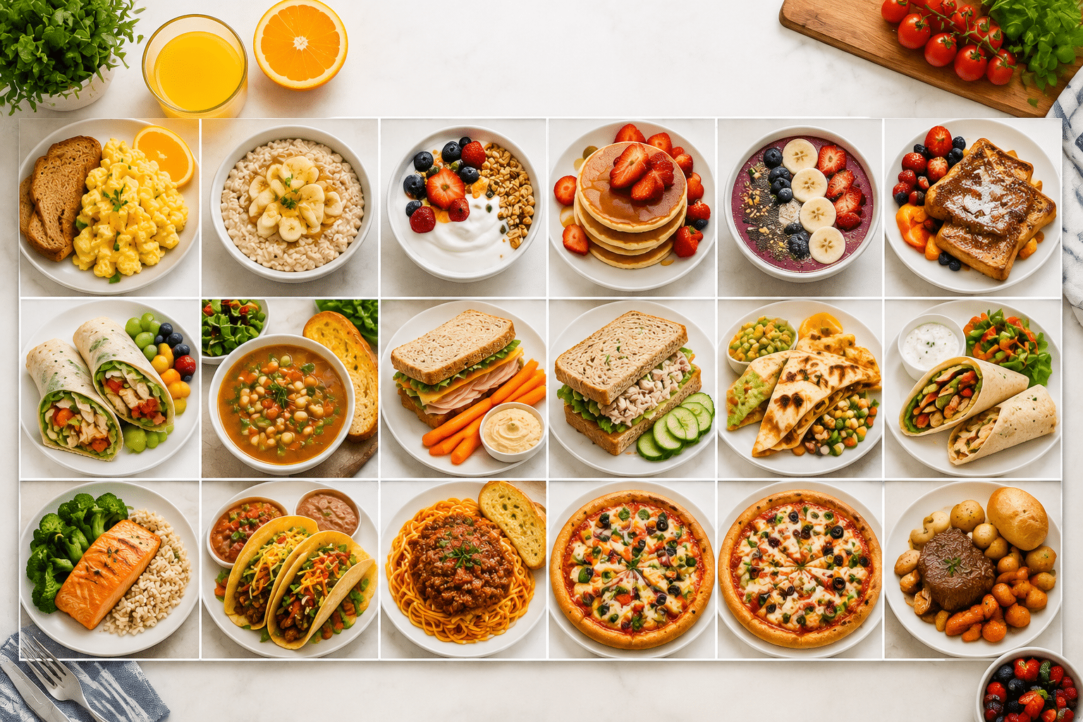 Grid of breakfast, lunch, and dinner meals featuring eggs, oatmeal, pancakes, wraps, salmon, tacos, pasta, pizza, and steak.