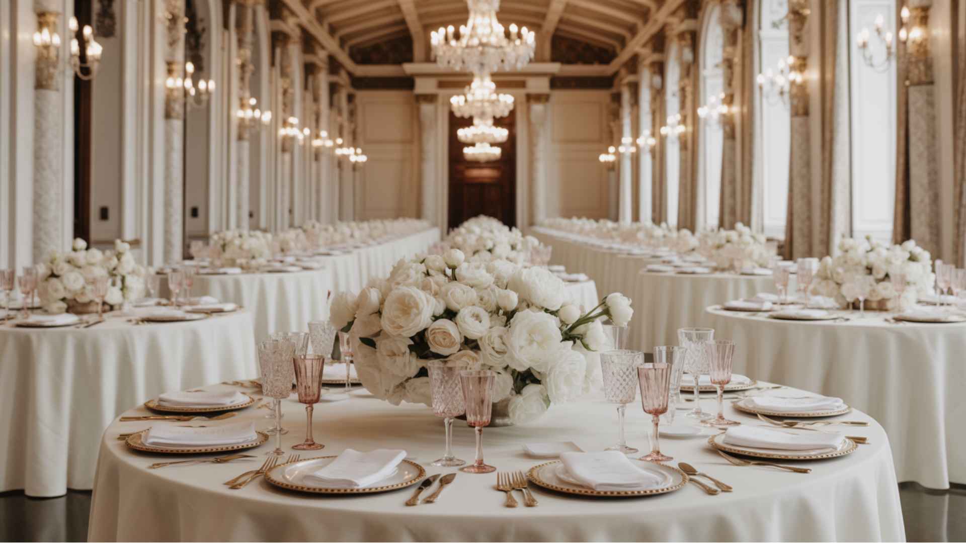 Elegant ballroom with white florals, chandeliers, and polished formal seating.