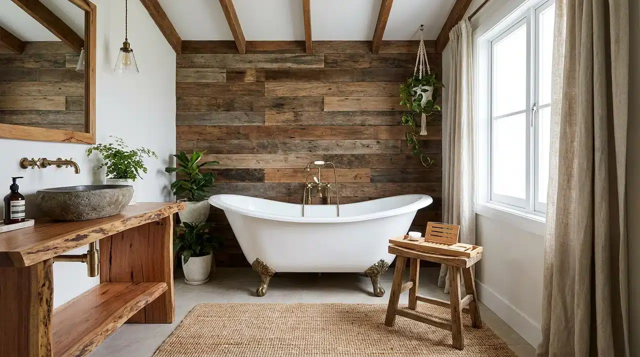 Farmhouse bathroom with a clawfoot tub, reclaimed wood accent wall, rustic vanity, woven rug, and natural light.