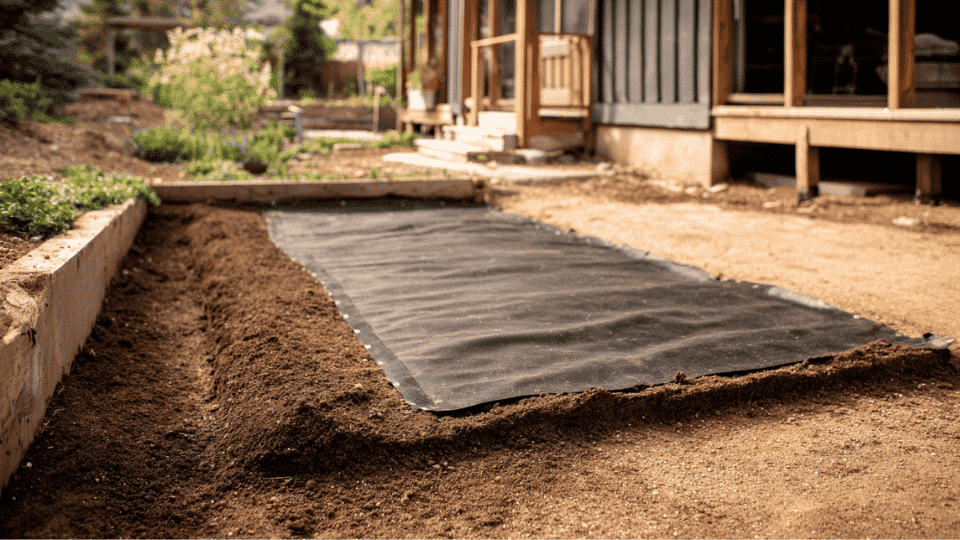 Cleared backyard area with grass removed and landscape fabric laid flat over the exposed soil.