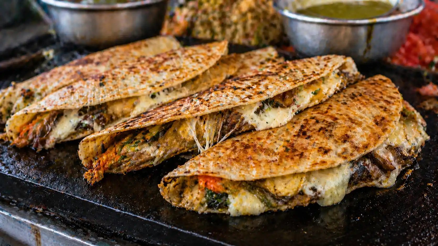 Crispy folded quesadillas cooking on a hot griddle with melted cheese, savory fillings, and salsa in the background.