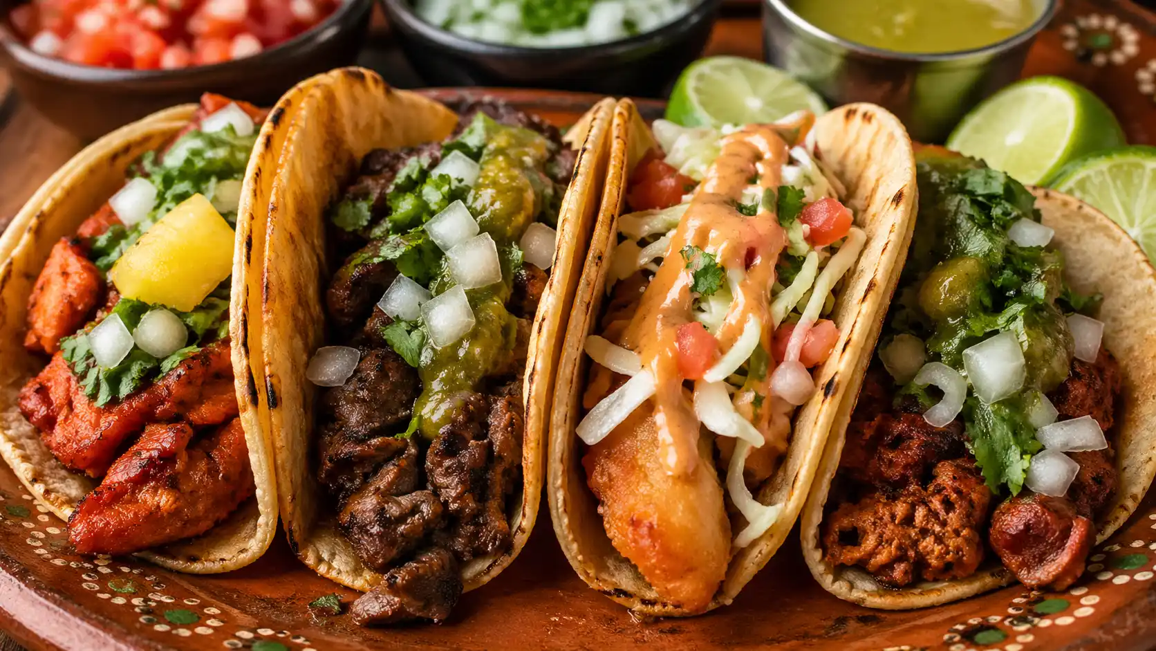 Close-up of four tacos filled with grilled meat and crispy fish, topped with onions, cilantro, sauces, and lime.
