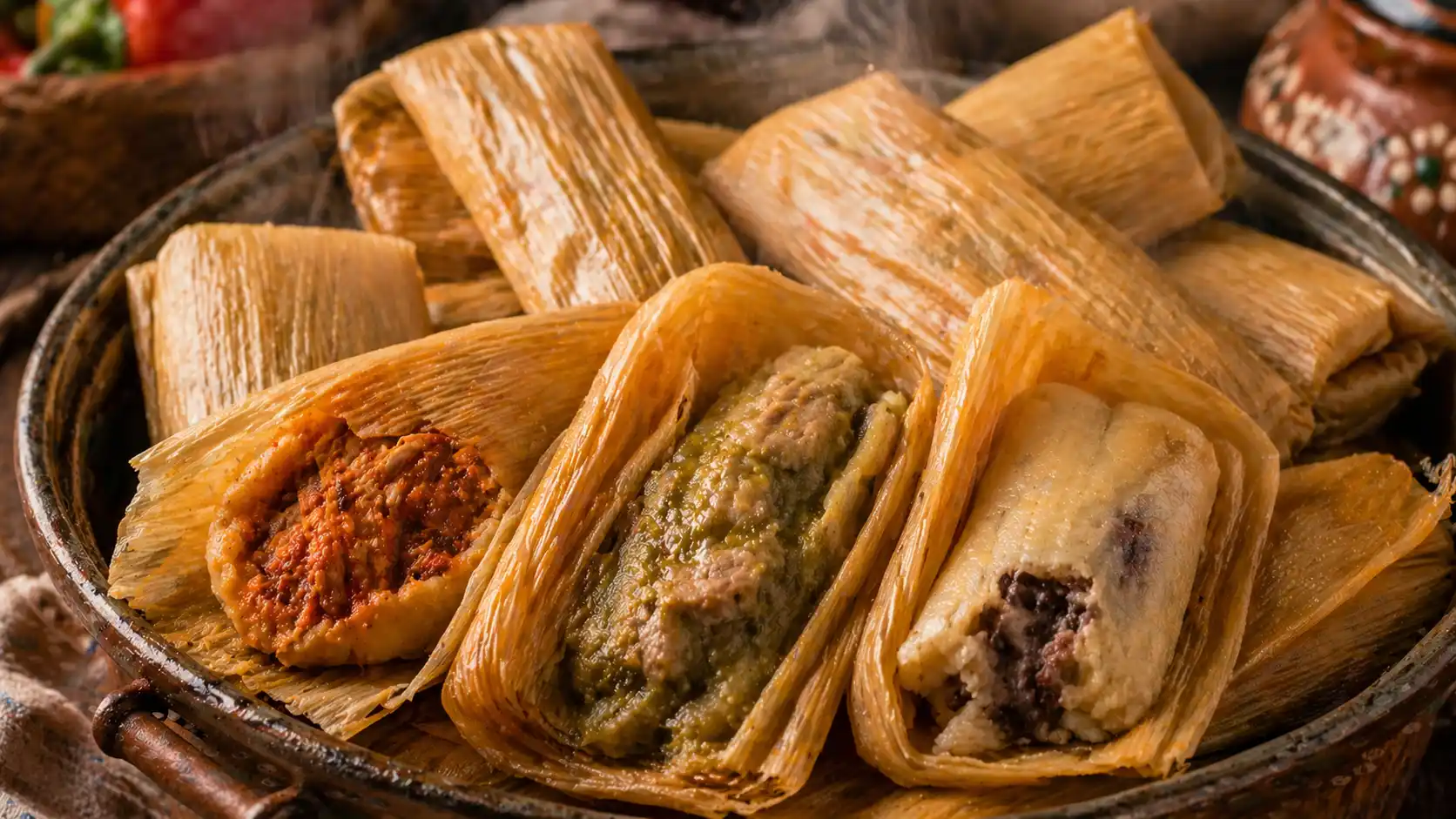 Freshly steamed tamales in corn husks, with open tamales showing red chili meat, green salsa, and bean fillings.
