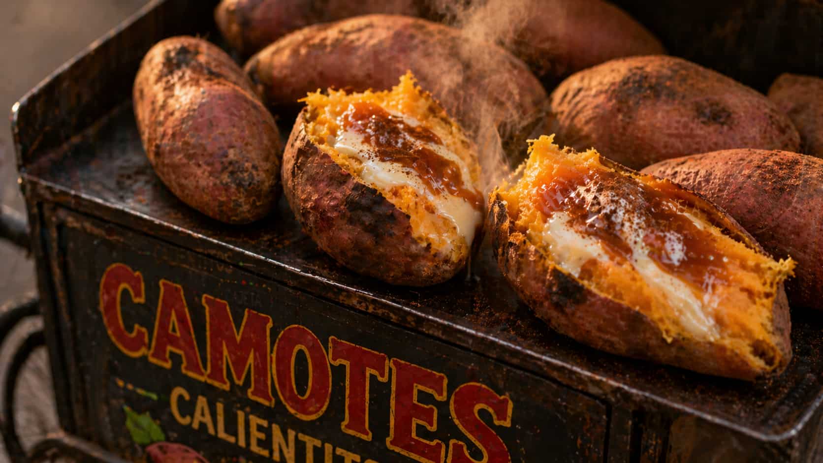 Roasted camotes with charred skins and soft, steaming orange interiors displayed inside a rustic metal street cart.